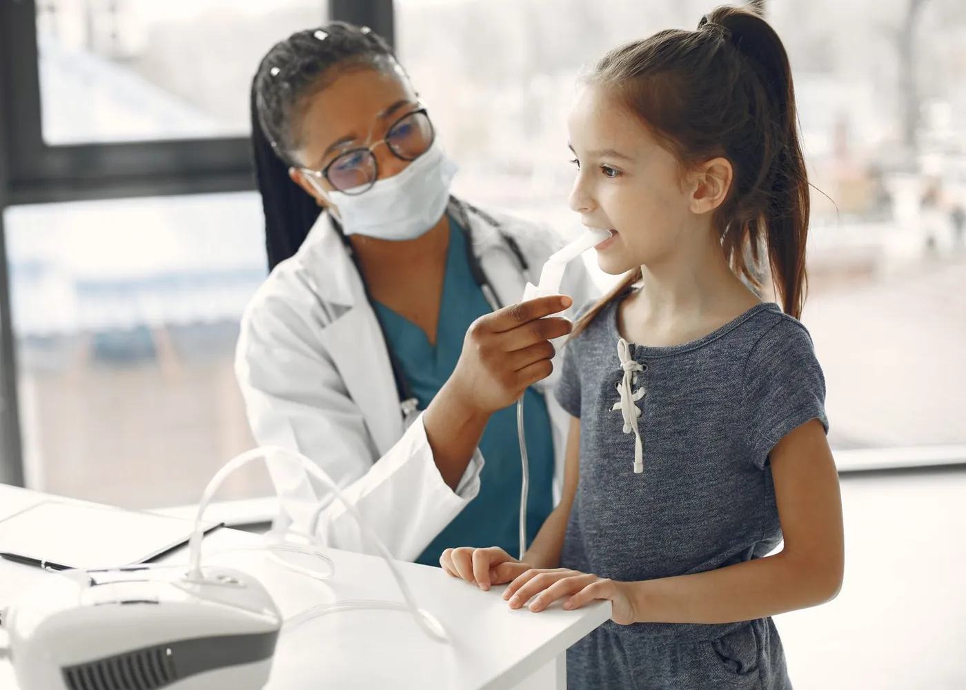 A clinician helps a young girl with a breathing treatment